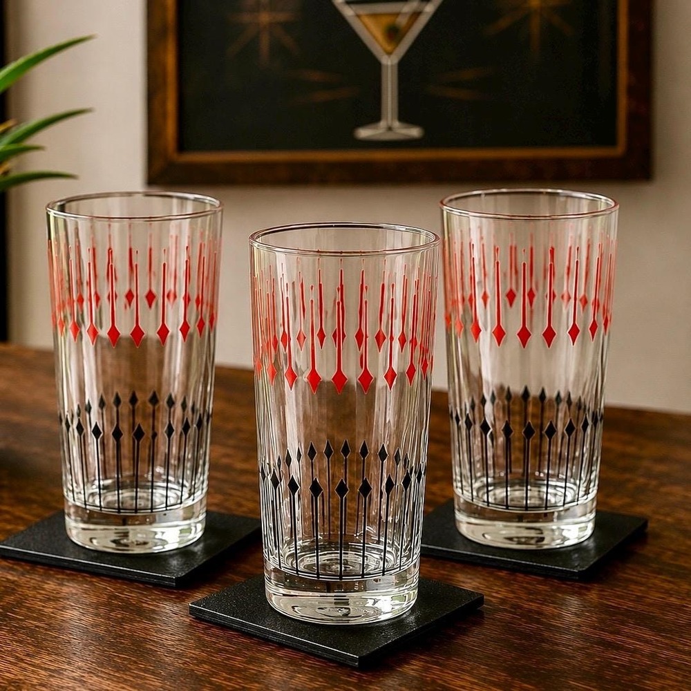 VTG MCM Red Black Geometric Highball Glasses Set of 3 Cocktail Glasses Retro Bar